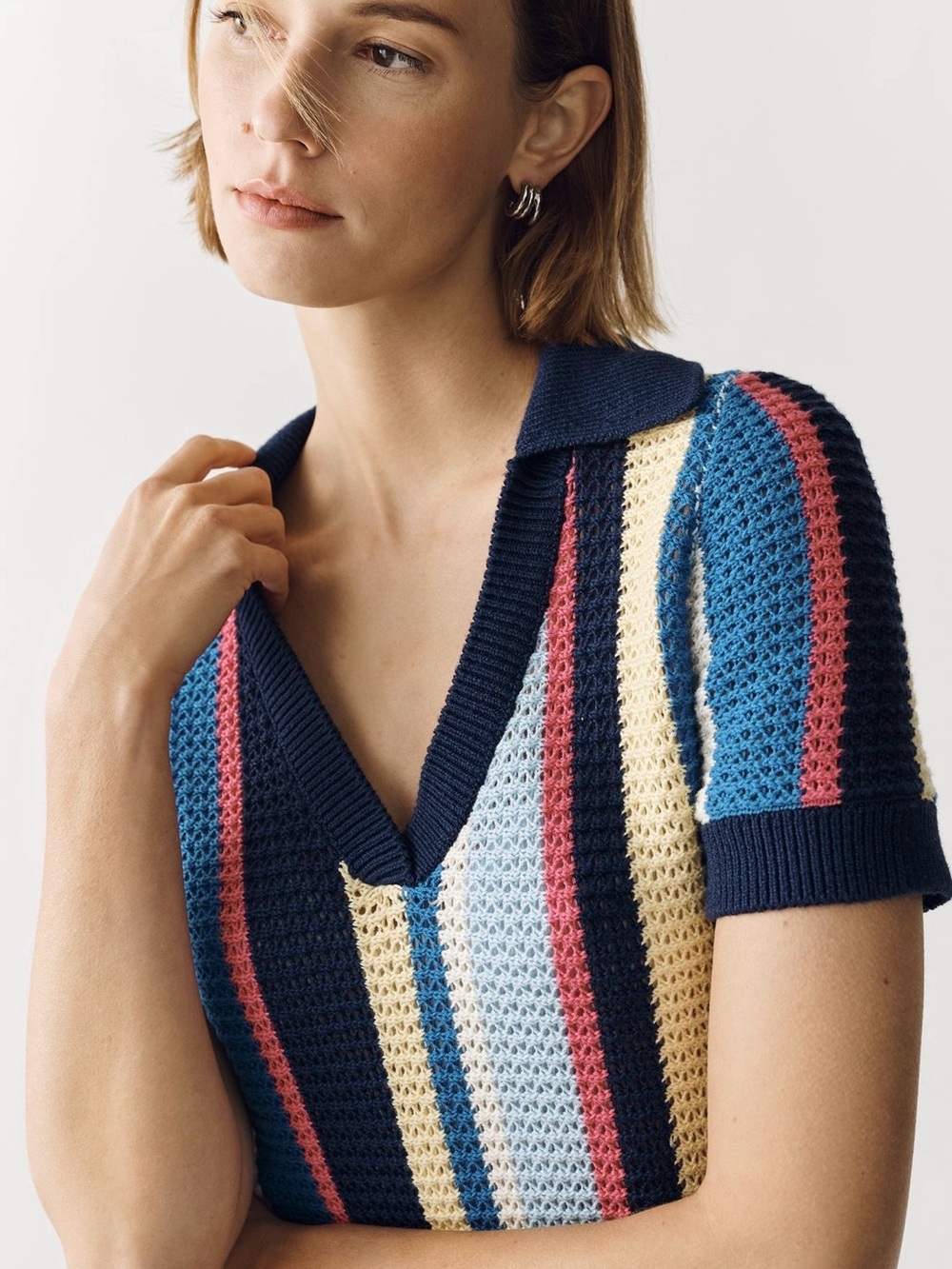 Maeve by Anthropologie Striped Knit Polo Dress in Navy, Blue, Pink & Cream - L - Picture 2 of 6
